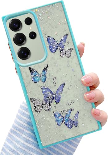 Image of VONZEE for Samsung Galaxy S25 Ultra Clear Glitter Butterfly Case, Cute Bling Sparkle Shiny Soft Silicone TPU Bumper Shockproof Women Girls Slim Protective Phone Cover for Galaxy S25 Ultra, Mint