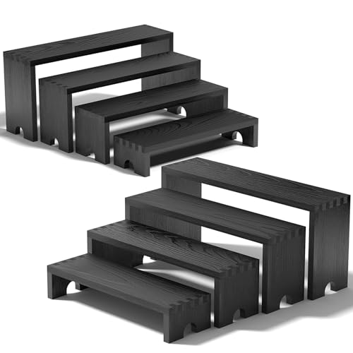 2 Set Black Wooden Tiered Riser Display Stands for Vendor Events Stackable Wood Cupcake Stand Farmhouse Decor Wood Dessert Table Display Set Vendor Booth Display Items Food Display Risers for Party
