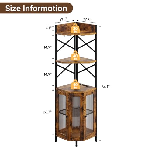 Corner Bar Cabinet with Power Outlet, 5-Tier Corner Wine Cabinet with Led Strip and Glass Holder, Industrial Tall Liquor Cabinet Bar Wine Rack for Home, Rustic Brown - Image 3