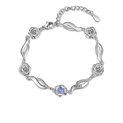 925 Sterling Silver Personalized Name Bracelet With Cz Birthstone Customize Any Name Bracelet Rose Custom Name Bracelet Personalized Engraved Name Bracelet Birthday Gifts For Women Friend Girlfriend #TOP7