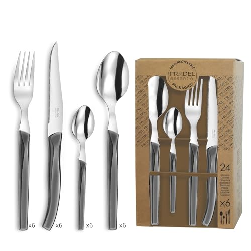 Lou Laguiole RISING SUN Besteck Set 6 Personen | 24-teilig | Grau glänzend | Essbesteck 6 Personen spülmaschinenfest | 18/0 Edelstahl mit...