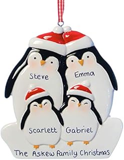 Personalised Penguin Christmas Decoration Family of Four Bauble Xmas tree hanging Ornament any Name Keepsake Plaque