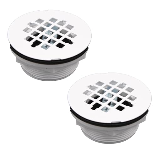 Westbrass D206P-2-50 2" No-Caulk PVC Compression Shower Drain with 4-1/4" Round Grid Cover, Powder Coat White (2-Pack)