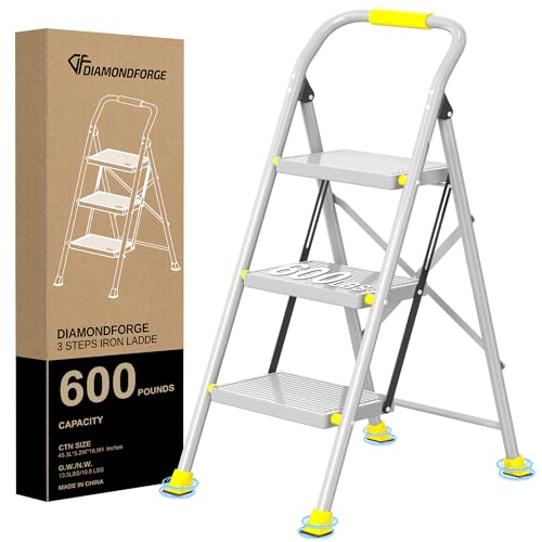 Step Ladder Foldable Folding Stool - for Home Adults Kitchen 3 Stepping Extension Tall Heavy Duty with Handrails - Closet Stepstool Stair Ladders Extendable Stepladder for Indoor House 600Lbs