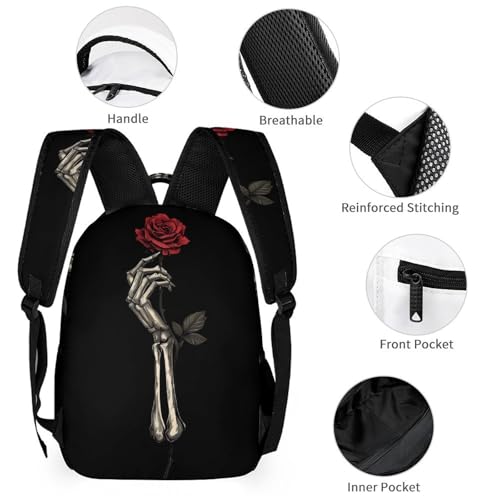 Skull Bones Hand Roses Backpack Shoulder Bags Lunch Bag Pencil Case Box 3 Set Daypack Cute3