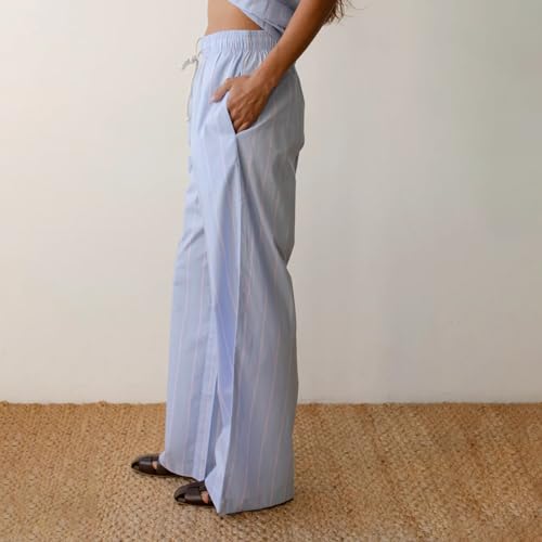 Women Striped Wide Leg Y2k Pants Drawstring Elastic Waist Trousers Casual Loose Lounge Pants with Pockets4