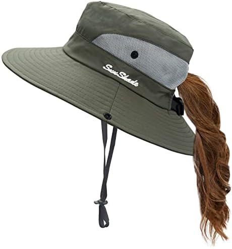 Sun Hats Ponytail for Women, Wide Brim Fishing Hat Foldable Beach Hat, UV Protection Bucket Hats, Garden Outdoor Summer Caps, Olive
