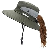 Sun Hats Ponytail for Women, Wide Brim Fishing Hat Foldable Beach Hat, UV Protection Bucket Hats, Ga