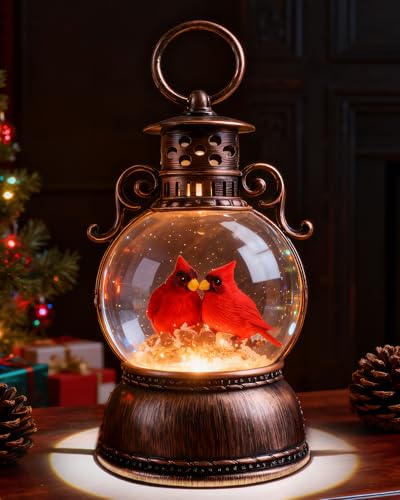 Christmas Snow Globes, Valentines Day Snow Globes, Cardinal Christmas Snow Lantern with 8 Songs, 6H Timer Battery & USB Powered Glitter Music Box for Christmas Table Decorations