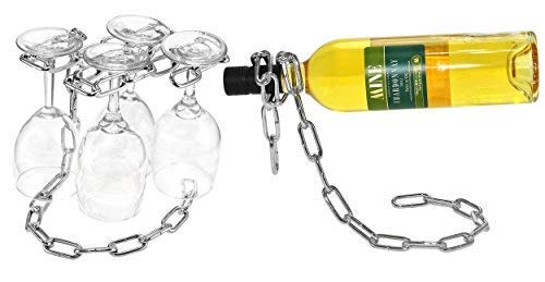 Southern Homewares Magic Floating Chain Wine Glass Stemware Rack & Wine Bottle Holder Set Chrome Free Standing Holder