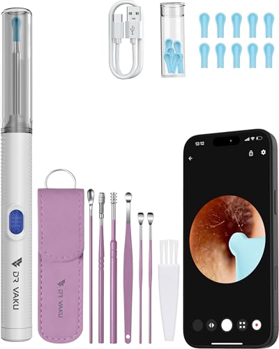 Image of Dr Vaku Clenzio Earocam Ear Cleaner Earwax Removal Tool with Extra Cleaning Kit (Set of 7) HD Camera Wifi Connection & 6 LED Lights Endoscope Tool + 11 Silicone Tips Free & Storage Case-White /Purple