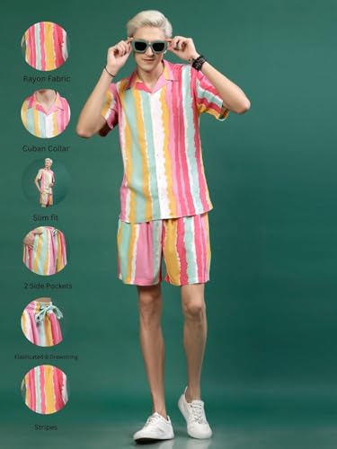 Image of Rigo Printed Co-Ord Set for Men | Casual Shirt & Shorts Night Suit | Lounge-Wear Nightdress Pajama Set | Night Wear, Beach, Vacation Outfit Multi-Color