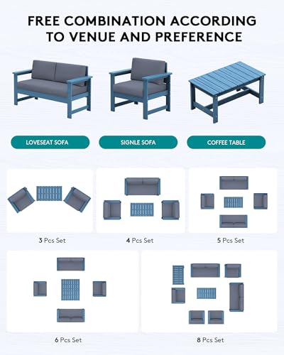 Image of SERWALL 8 Pieces HDPE Outdoor Conversation Sofa Set with Cushion, All Weather Couch Loveseat Furniture Set with Pads, Outdoor Social Sofa Coffee Table Set, Blue Frame with Grey Cushions