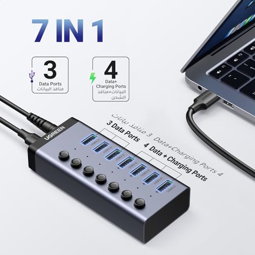 مراجعة UGREEN USB Hub 3.0 (7 منافذ): موزع شحن ونقل بيانات بمفاتيح فردية — 12V/2A (بدون شحن سريع) - الصورة 2