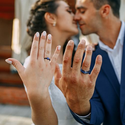 Hisatan Promise Rings for Couples, Promise Rings for Her or Him, Matching Couple Rings, Couple Rings Set, Stainless Steel Blue Zirconia Rings for Women & Tungsten Rings for Men