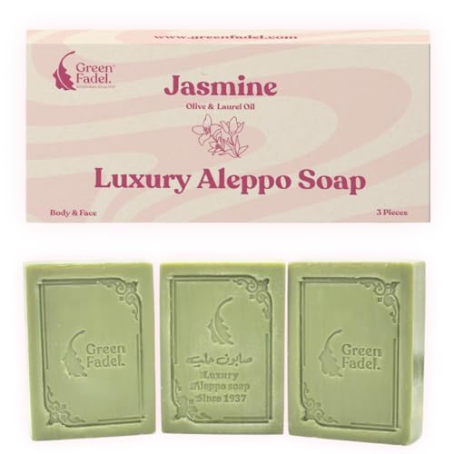 GREEN FADEL (Luxury) Jabón de Alepo Original con Aroma de Jazmín, 3 unidades, con Aceite de Oliva y Aceite de Laurel, Jabón de Aceite de Oliva, Luxury Aleppo Soap, Natural