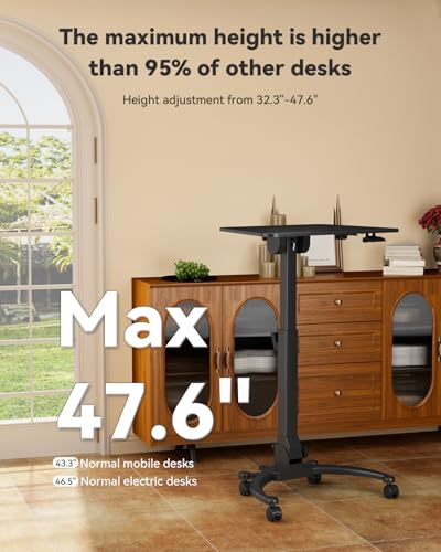 Image of JOY worker Foldable Laptop Desk on Wheels, Adjustable Mobile Standing Desk | Max Height 47.6 inch, 90 Tiltable Top & Base, Portable Height Adjustable Workstation with Lockable Casters, Holds 22lbs, Black