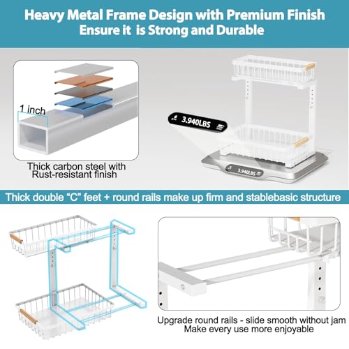 Liuoud Under Sink Organizer 2 pack, 2 Tier Slide Out Under Sink Organizers And Storage, Height Adjustable Pull Out Cabinet Drawers, Kithcen Bathroom Metal Storage Caddy Shelf, White