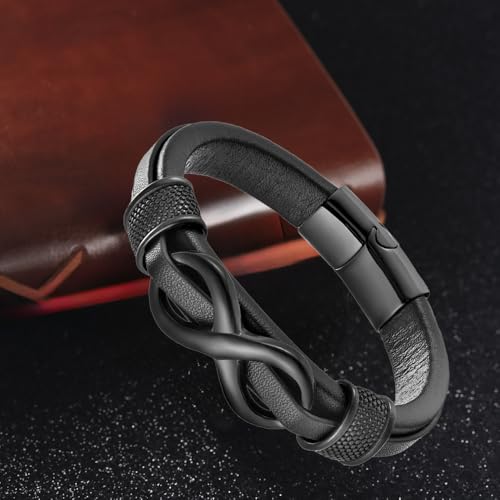 Infinity Bracelet for Men,Stainless Steel Silver/Black Men Infinity Leather Bracelet Wristband Cuff Bracelet 21 cm / 8.26 inches4