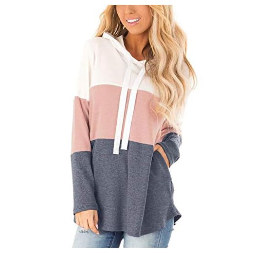 Blooming Jelly Sudaderas Mujer con Capucha Bloque de Color a Rayas Camiseta de Manga Larga Túnica Suéter con Cordón Tops con Bolsillos