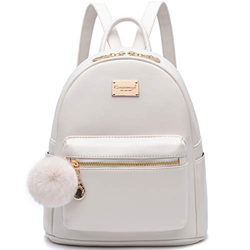 I IHAYNER Girls Fashion Backpack Purse Leather Mini Backpack Purse for Women Satchel School Bags with Pompom Travel Daypacks White