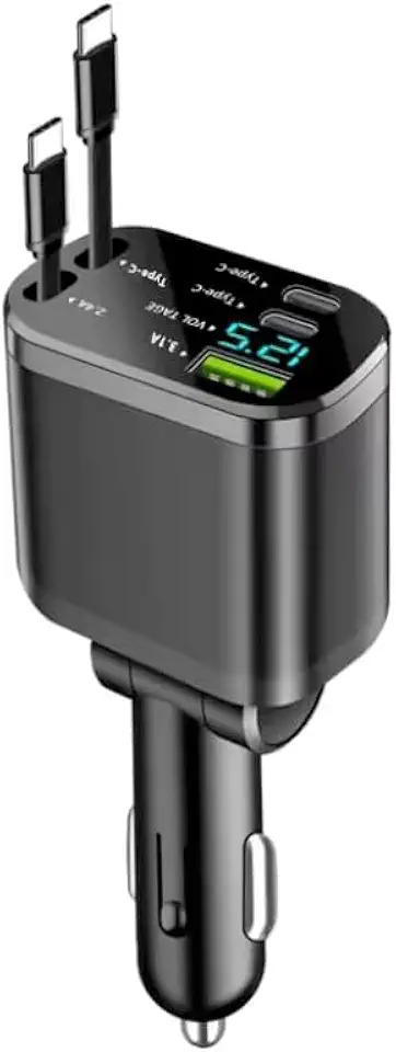 Kit Carregador retrátil veicular carro, 5 em 1, turbo 150W, 2 cabos e 3 tensão lightning/USB tipo C, compatível com iPhone iOS 17Pro Max/16/15/14/13/12, Android S26/S25/S24/S23 (Para Duas Tipo C)