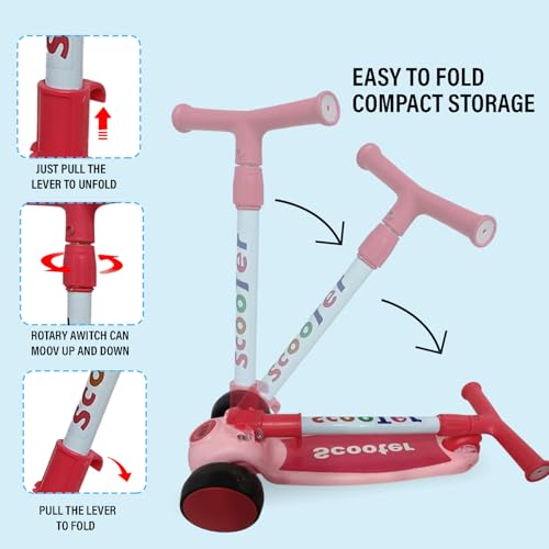Image of NHR Foldable 3 Wheel Kick Scooter for Kids Up to 6 Years with Colorful LED Flashing Wheels, 4 Level Height Adjustable Handlebar, Tilt-to-Steer & Rear Press Brake Toy for Boys Girls (Pink)