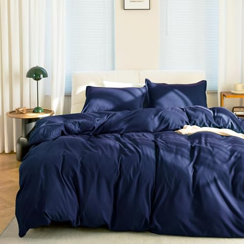 KINMEROOM Navy Blue Duvet Cover King Size Set, 3 Pieces, 1 Soft Bedding Duvet Cover 104×90 Inches with Zipper Closure 8 Ties and 2 Pillow Shams for King Size Bed (Dark Blue, King)
