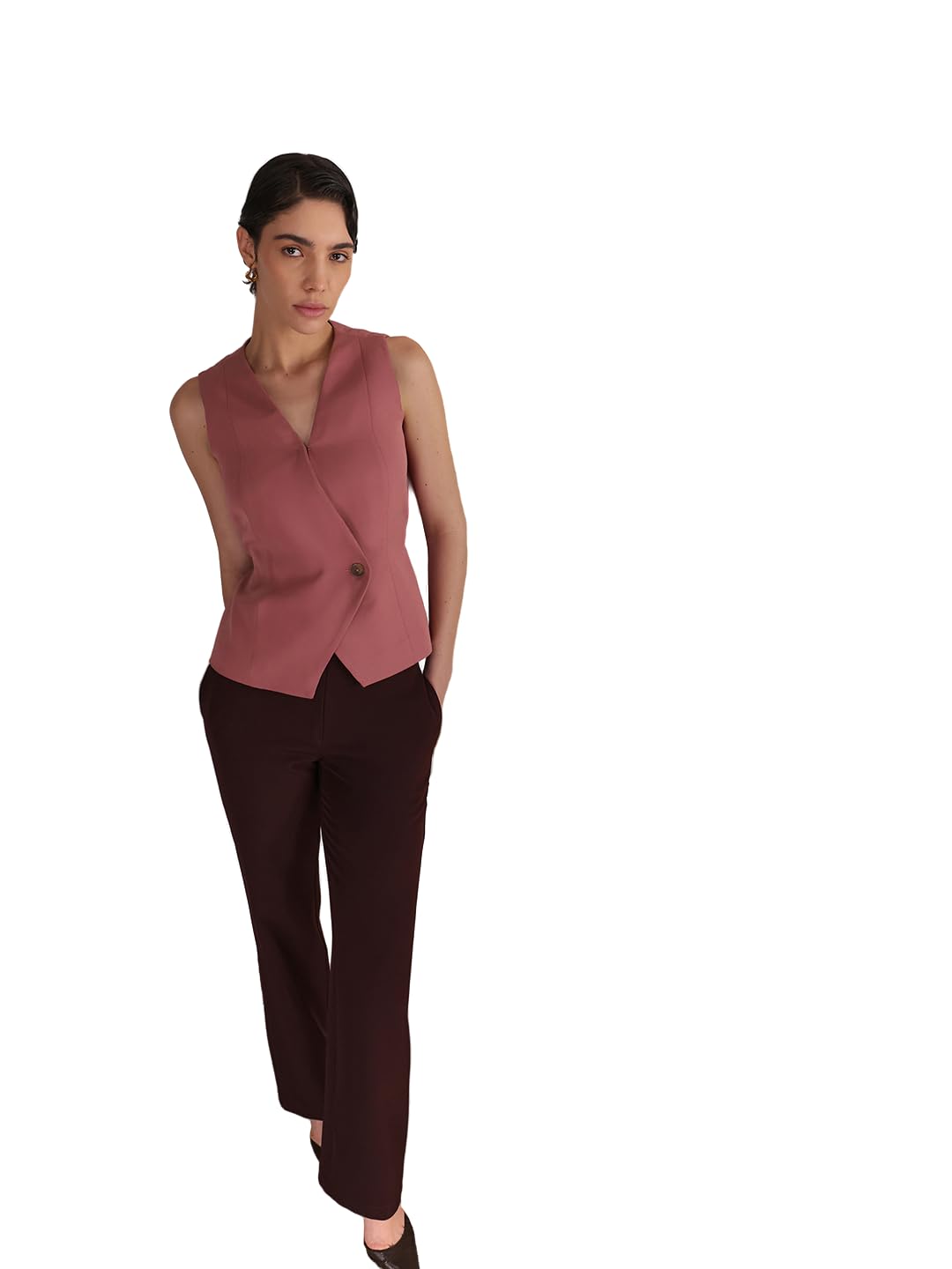 Women Formal Top | Elegant Sleeveless Wrap-Style V-Neck Top with Adjustable Back Buckle & Single Button Closure | Smooth Fabric for Workwear & Business Meetings