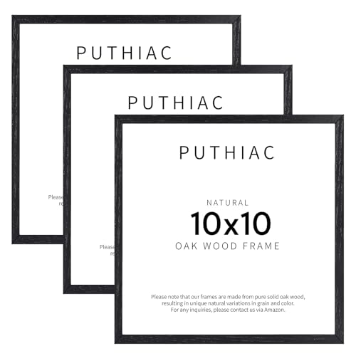 Puthiac 10x10 Black Oak Wood Picture Frame - 10x10 Natural Solid Wood Poster Frames for Wall Art Photo and Prints (3 Pack)