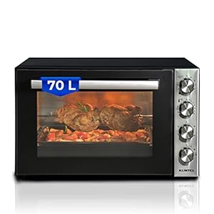 KUMTEL Minibakoven, pizzaoven, 70 liter, XXL, 2000 W, turbofunctie, 6 kookmodi, draaispies, binnenverlichting, dubbele beglazing, max. 230 °C, timerfunctie, granieten binnencoating, incl. bakplaatset