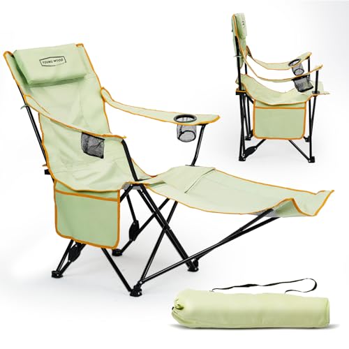 YOUNG WOOD Camping Lounge Chair, Portable Reclining Camping Chair with Foot Rest, Folding Camping Chair for Adults, Headrest & Storage Bag, Mesh Recliner with Backpack, 330lbs Weight Capacity?Green
