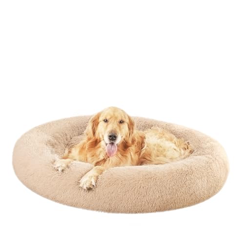 Image of Amazon Basics Washable Donut Pet Bolster Faux Fur Bed with Removable Cover, Anti-Slip Bottom for Dog, Beige, 45 inch x 45 inch