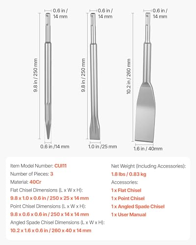 Image of VEVOR SDS Plus Chisel Set, 3 pcs SDS Plus Rotary Hammer Drill Attachments, Includes Point, Flat, & Angled Spade Chisels, Heat Treated 40Cr Alloy Steel, Sharp Edge for Demolition, Concrete and Brick