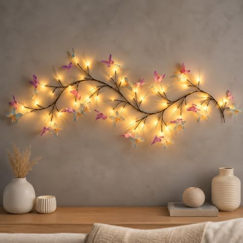 Image of P SEVEN Cherry Blossom LED String Lights, Pink Flower Vine Wall Decor with Remote Control, USB Powered, DIY Indoor Decoration (Butterfly Willow Vine Lights)