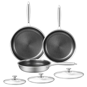 6 Piece Stainless Steel Frying Pan Set with Lids Cookware Set Nonstick Honeycomb Frying Pan Set 3pcs W/Stay Cool Handle Skillet Works Pan for Cooking with Induction Gas Stovetops
