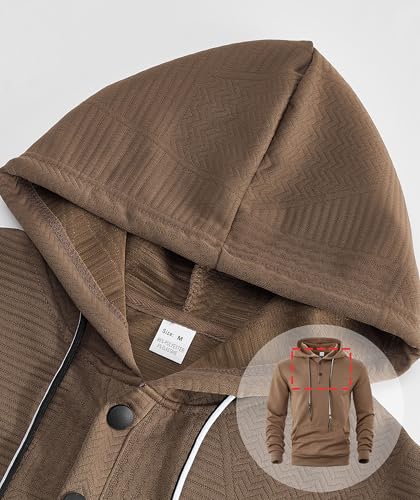 Mens Hoodies Trendy Quarter Drawstring Plaid Jacquard Long Sleeve Button Pullover Tops with Kanga Pocket4