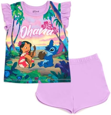 Disney Minnie Mouse Lilo &amp; Stitch Little Mermaid Ariel Floral T-Shirt and French Terry Shorts Outfit Set Infant to Big Kid
