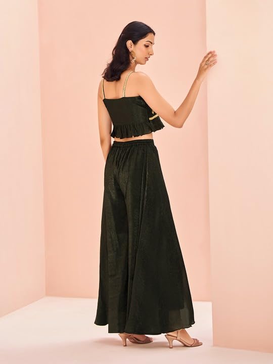 FUSIONIC Dark Green Handwork Embroidered Crop Top Set 1