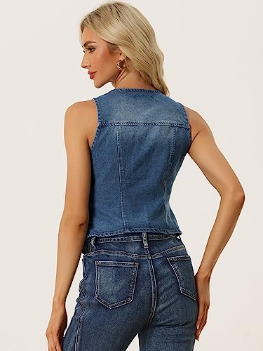 Allegra K Denim Vest for Women's Sleeveless V Neck Washed Distressed Jean Vest Jacket3