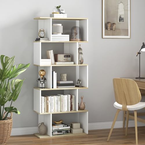 HOMCOM Bibliothèque Meuble de Rangement Style scandinave avec 5 étagères Anti-basculement Charge 25 kg pour Bureau Salon Chambre 70x29,5x163 cm Aspect Bois et Blanc – Image 3