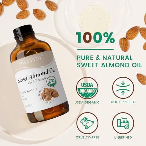 Image of PHATOIL Organic Sweet Almond Oil for Skin 118 ml (4 fl.oz), USDA Certified Organic, Cold Pressed Almond Oil in Glass Bottle for Hair, Face, Body Moisturizer, Carrier Oil for DIY, Massage