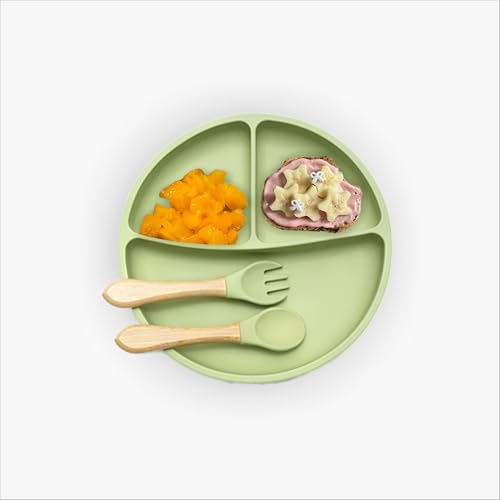 Image of Kids Station 3 Piece BPA-Free Silicone Baby Feeding Set - Baby Plate - Spoon and Bowl - Make Mealtime Fun - Microwave Safe - Unbreakable Eco-Friendly - Organic & Natural (Plate (Set of 3), Green)