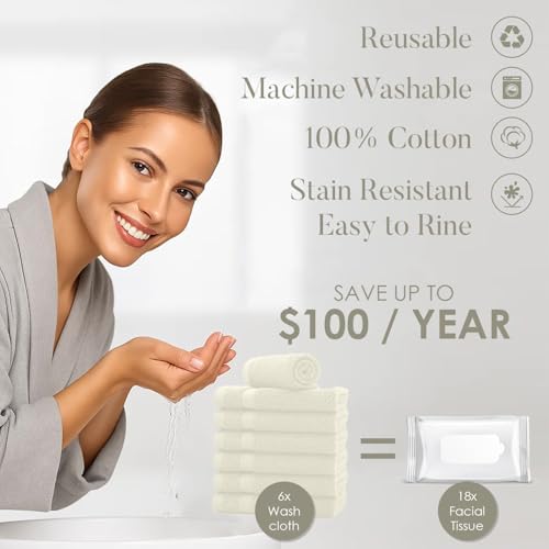 Image of DAN RIVER 12-Pack Premium 100% Cotton Ivory Face Towels for Bathroom - Reusable Face Wash Cloths for Showering 12x12 Inches - 550 GSM Super Soft & Absorbent Luxury WashCloths for Body, Spa & Gym