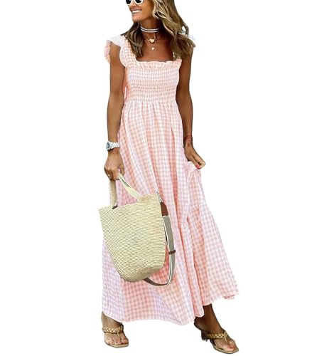 Image of ebossy Women's Fashion Plaid Dress Sleeveless Smocked Ruffle Pleated Boho Party Beach Gingham Maxi Dresses