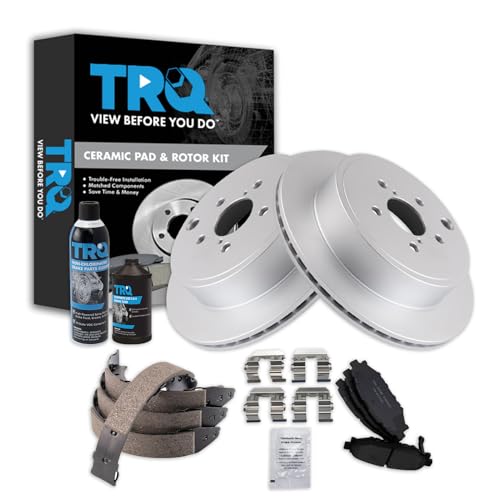 Image of TRQ Rear Brake Pad & Rotor Kit, with Chemical Kit Parking Brake Shoe Set Ceramic Premium G-Coated Compatible with 2013-2014 Subaru Legacy