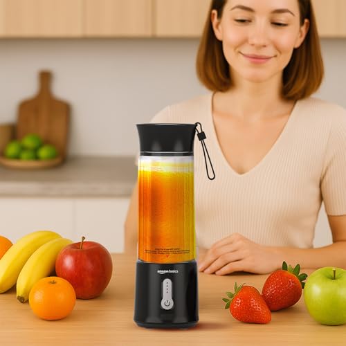 Image of Amazon Basics Portable Hand Blender for Smoothies and Juices | Pulse Mode | USB Rechargeable | 6 Stainless Steel Blades | 500 ml Jar | 1 year Warranty | 2x2000 mAh Batteries (Black)
