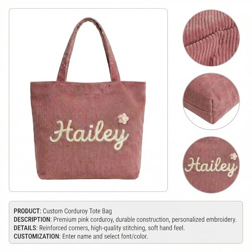 Bolso Tote personalizado de pana para mujer con flor 3D miniatura 7