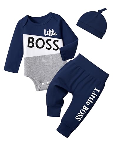 Image of Oranchids Newborn Baby Boy Clothes Color Block Letter Print Long Sleeve Romper+Pants+Hat Fall Winter Outfits 3Pcs