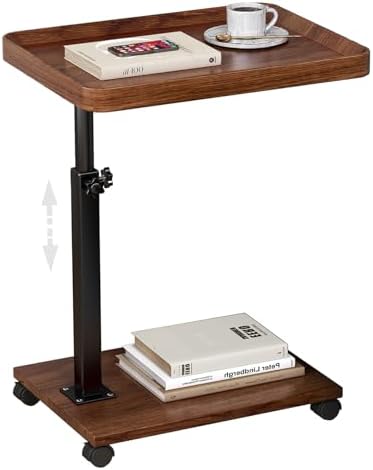 C Shaped End Table Adjustable Height, 360° Swivel Small Side Table with Wheels, Couch Tables That Slide Under, Tv Tray Table, for Sofa Living Room and Bedroom